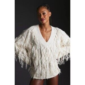 Anthropologie Fringed Boho Pullover Oversized Ivory Preppy Sweater Top Sz M New